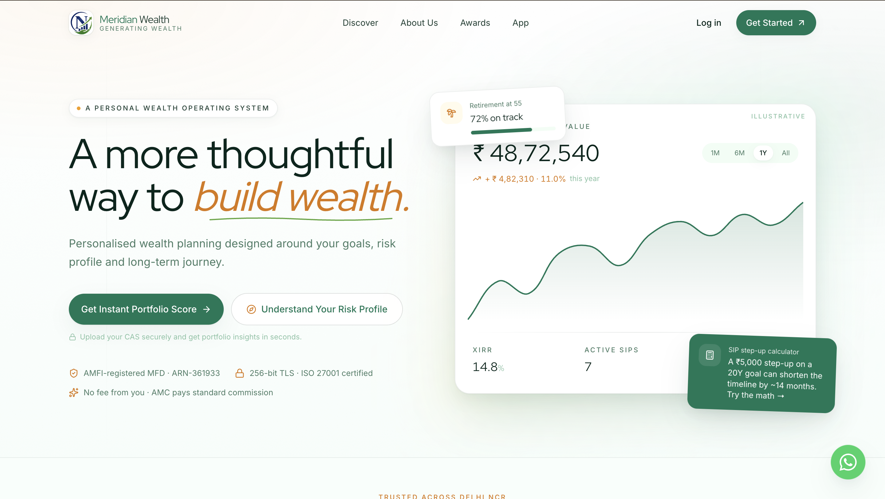 Meridian Wealth — Forest Green/Gold wealth website screenshot
