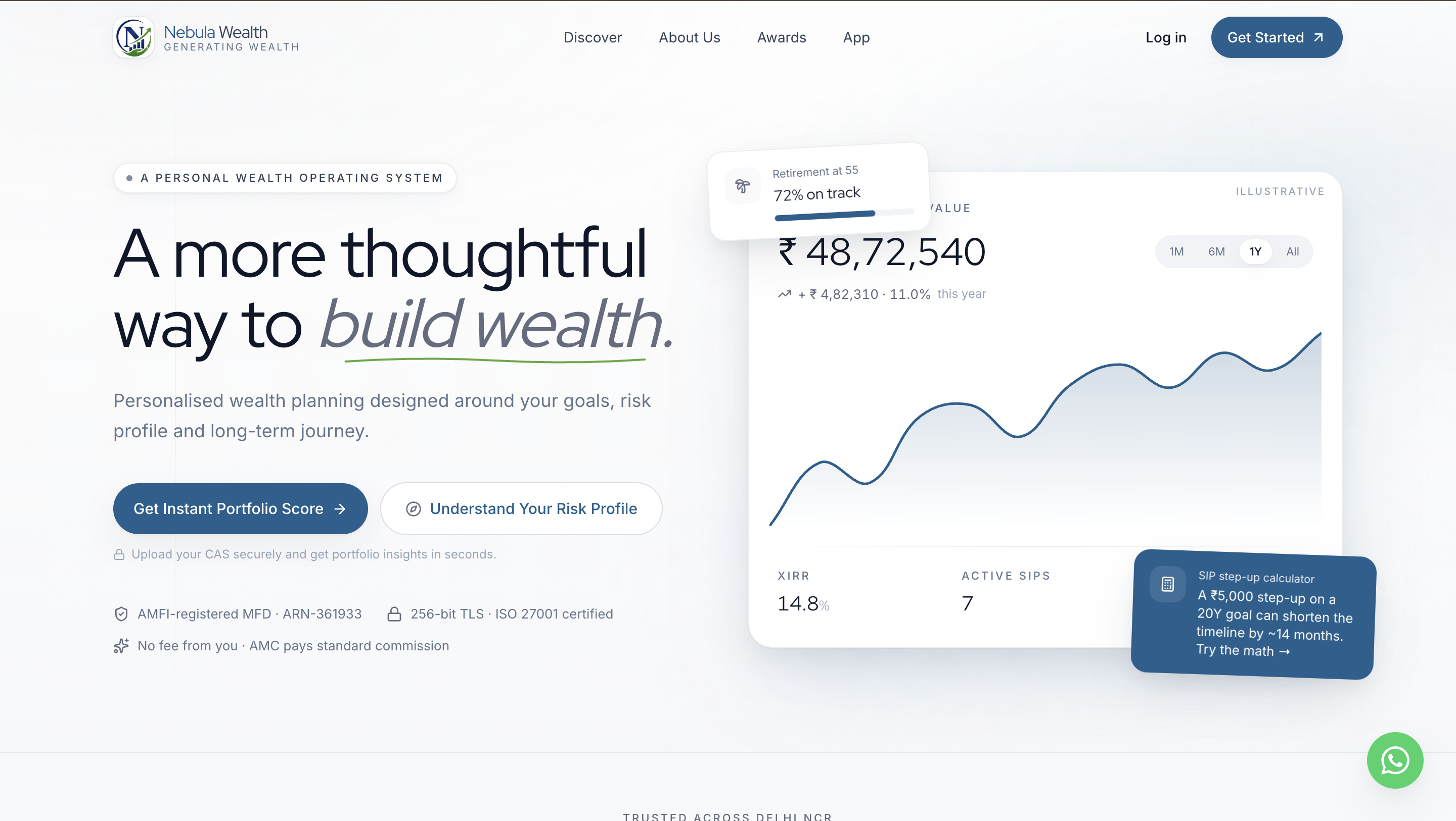 Nebula Wealth — Navy/Platinum premium wealth website screenshot