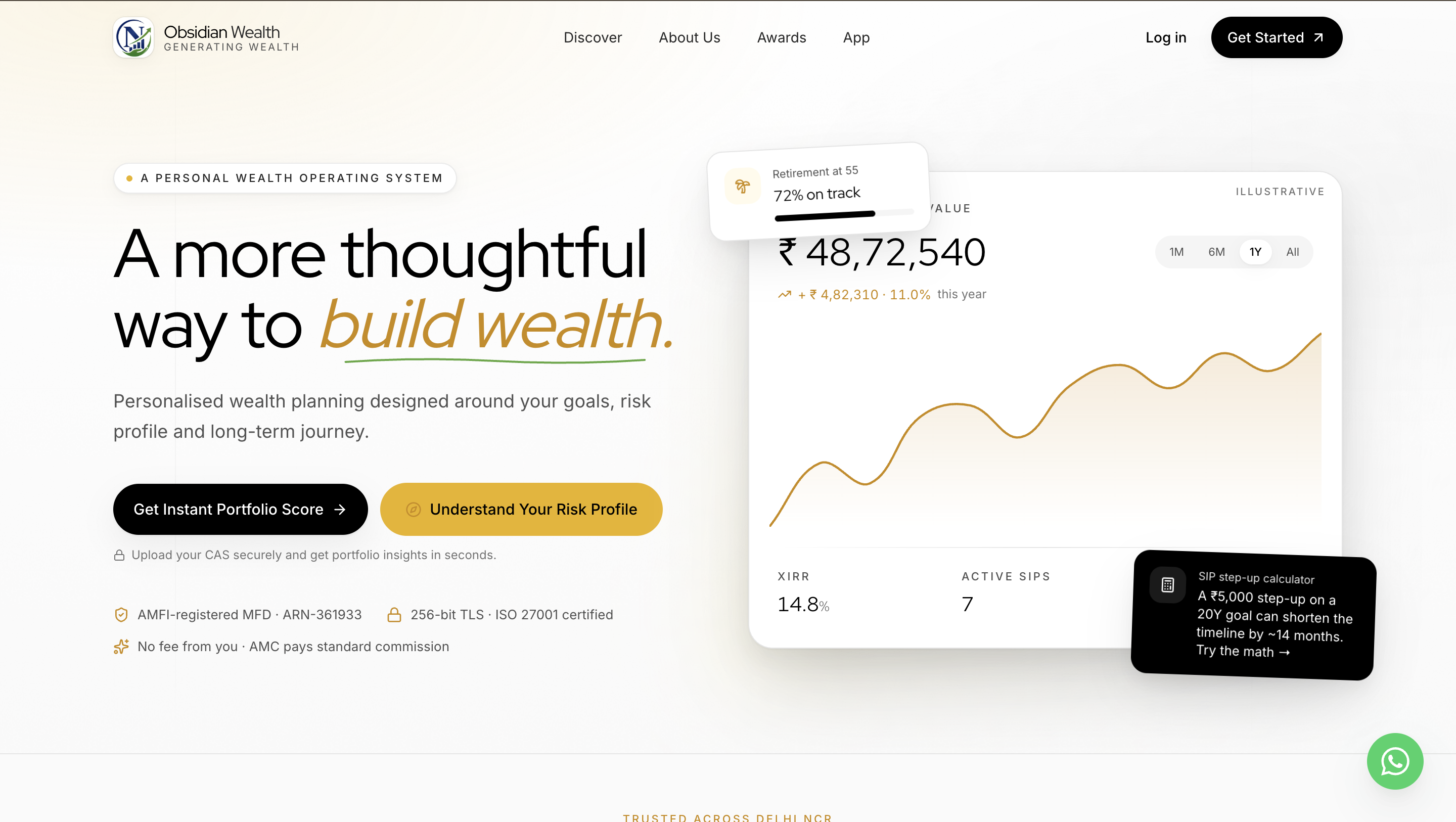 Obsidian Wealth — Black/Platinum premium wealth website screenshot