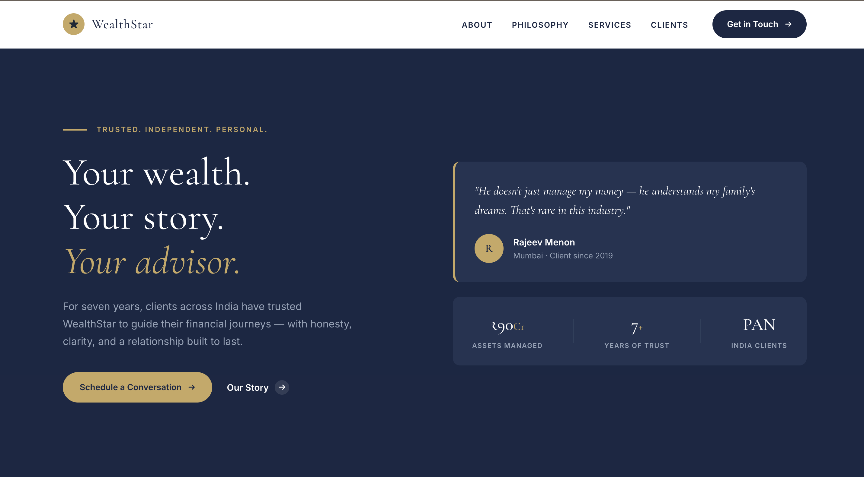 StarWealth — Navy/Gold basic live website demo screenshot