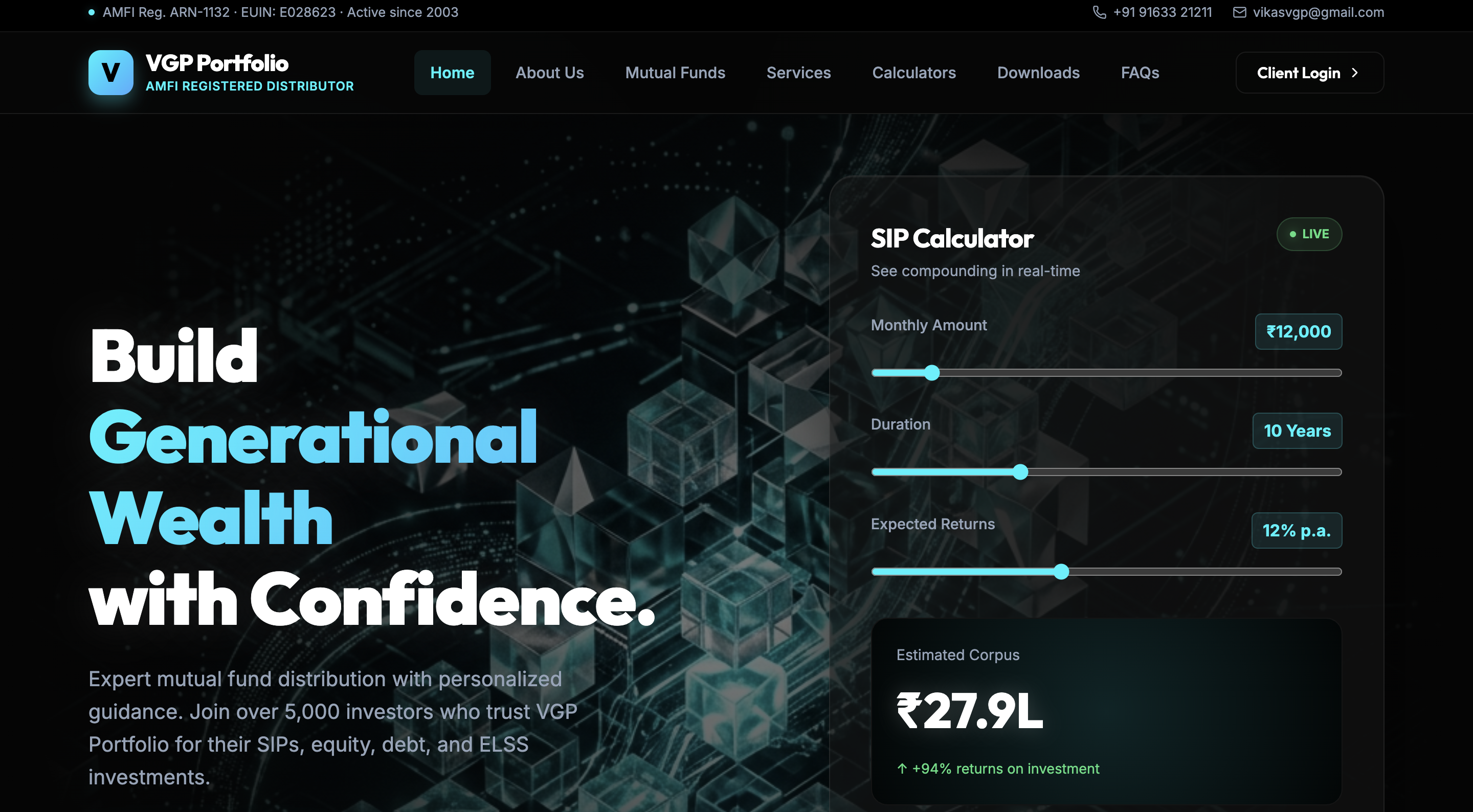 VGP Financial Services — White/Blue financial advisor website screenshot